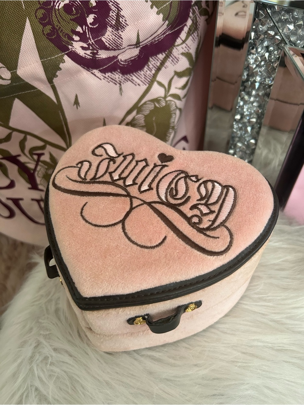 Rare Vintage Juicy Couture Pink Velour Heart Shaped Tiered Swivel Jewelry Box